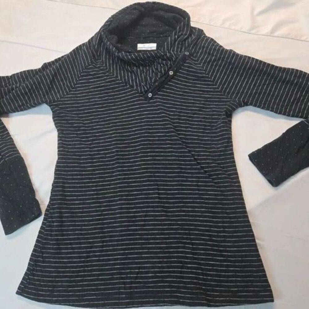 Columbia Cowl Neck Top M Black & White Striped Asymmetrical Nautical Pullover
